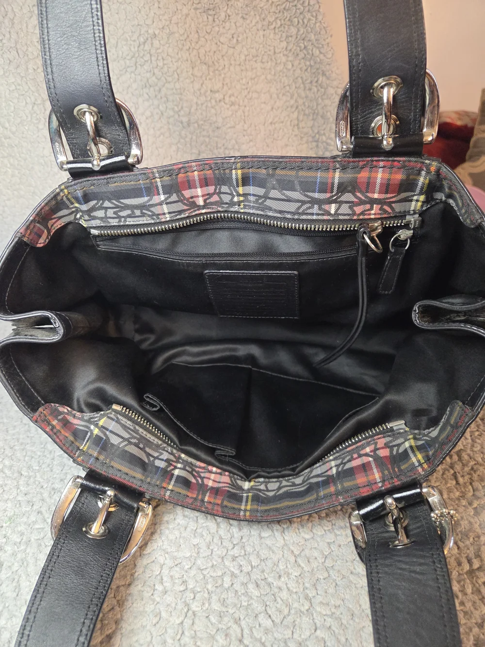 Coach Plaid Shoulder Bag with Black Trim and Red Accent